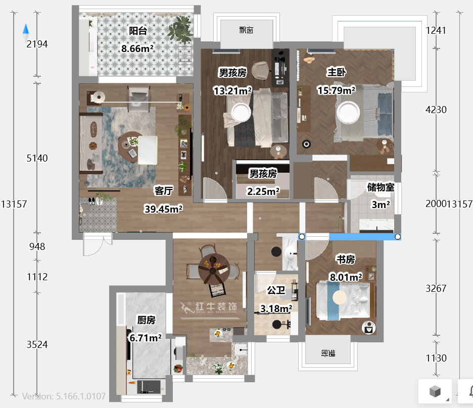 魏利利｜澳麗嘉園6-1004-128㎡-現(xiàn)代中古風｜3室2廳2衛(wèi)｜老房改造｜定制家｜全包17萬｜00_03平面彩圖