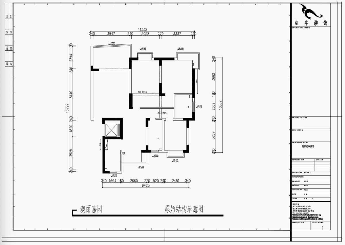 魏利利｜澳麗嘉園6-1004-128㎡-現(xiàn)代中古風｜3室2廳2衛(wèi)｜老房改造｜定制家｜全包17萬｜00_01原始結構示意圖