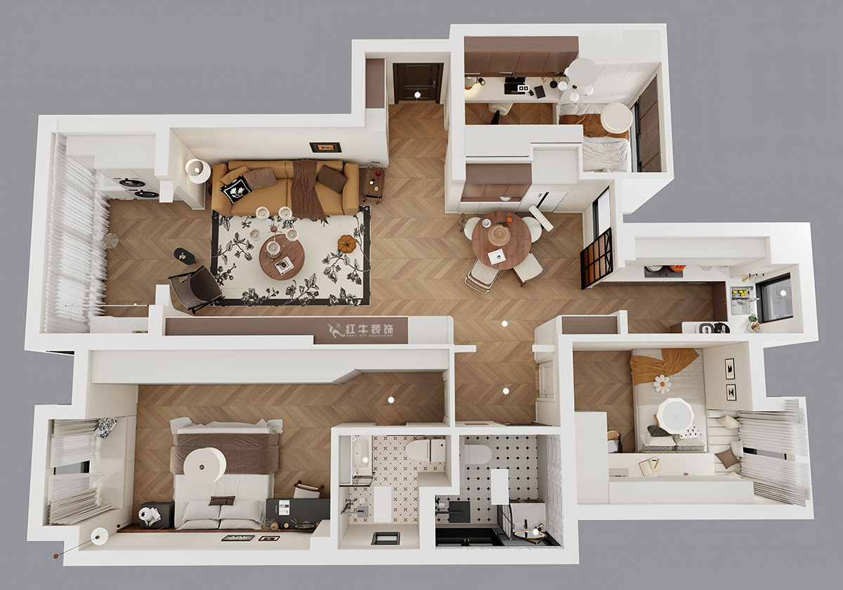 朱明琪｜金地自在城8街區(qū)5-1-501-111㎡-中古風｜3室1廳2衛(wèi)｜老房裝修｜定制家｜全包15萬｜00_04鳥瞰圖