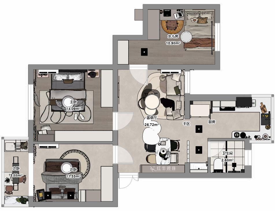 朱明琪｜明月新寓花園12-102-85㎡-現(xiàn)代簡約風(fēng)格｜3室1廳1衛(wèi)｜老房改造｜定制家｜全包11萬｜00_03平面彩圖